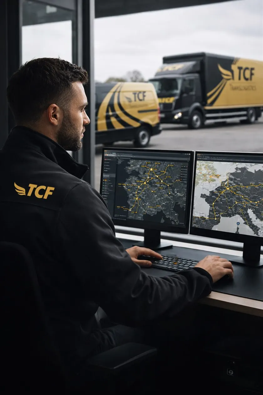 Coordinateur logistique TCF devant les ecrans de suivi des expeditions, illustrant le service d'affretement.