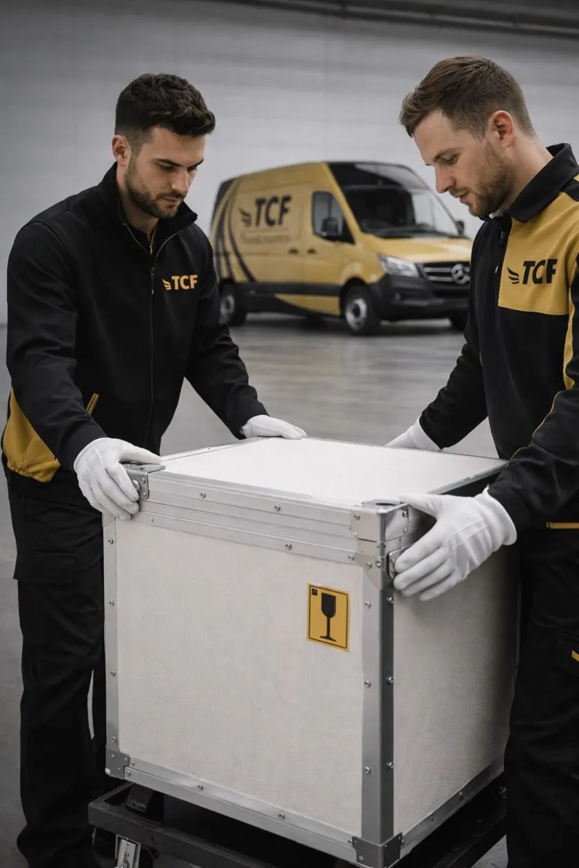 Equipe TCF manipulant une caisse sensible avec des gants blancs dans un espace logistique securise.