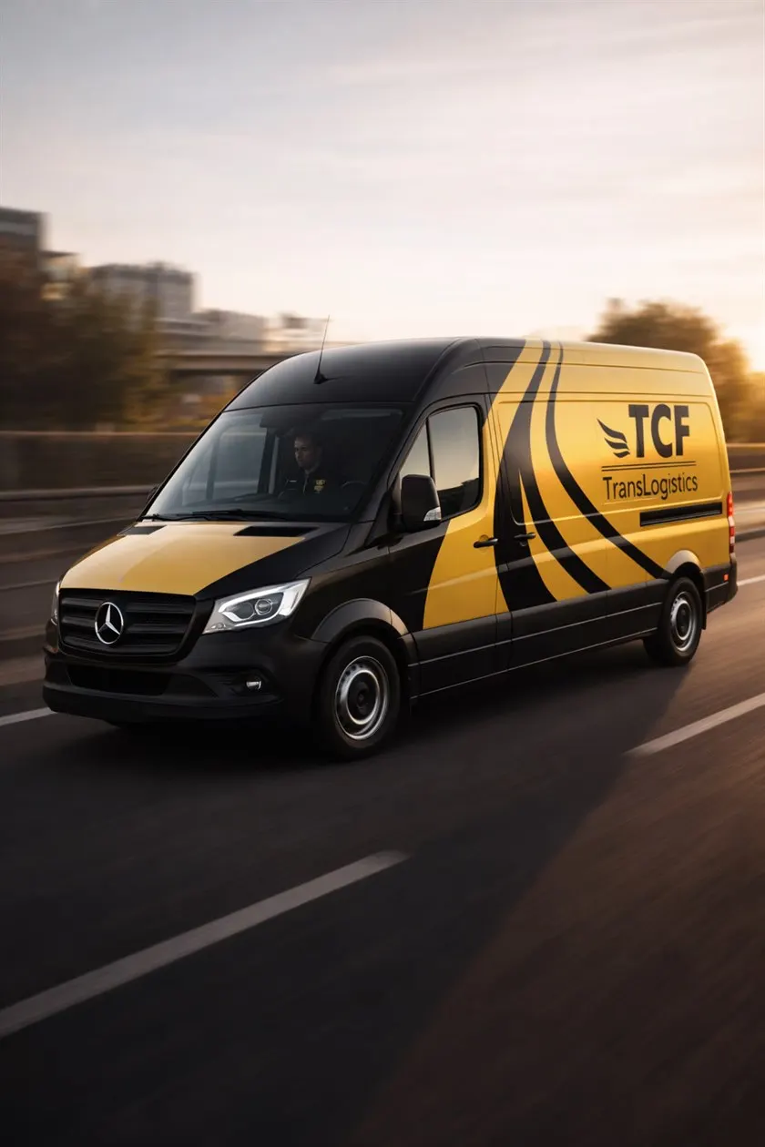 Fourgon TCF TransLogistics en circulation rapide, illustrant le service de transport express.